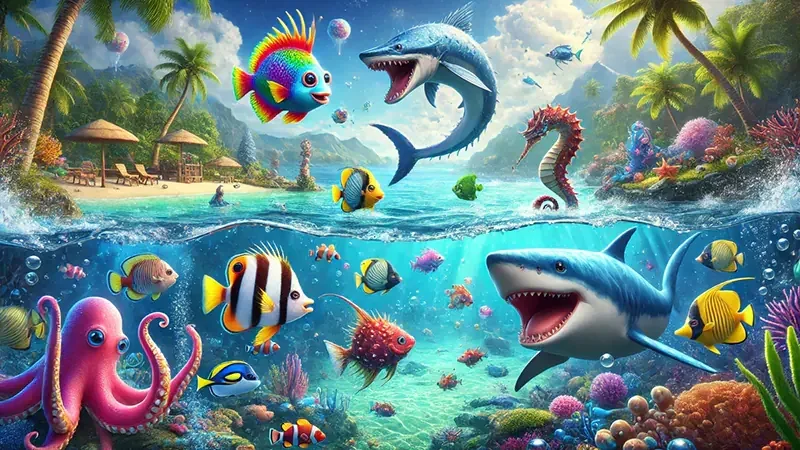 Tampilan permainan tembak ikan bertema bawah laut di V07
