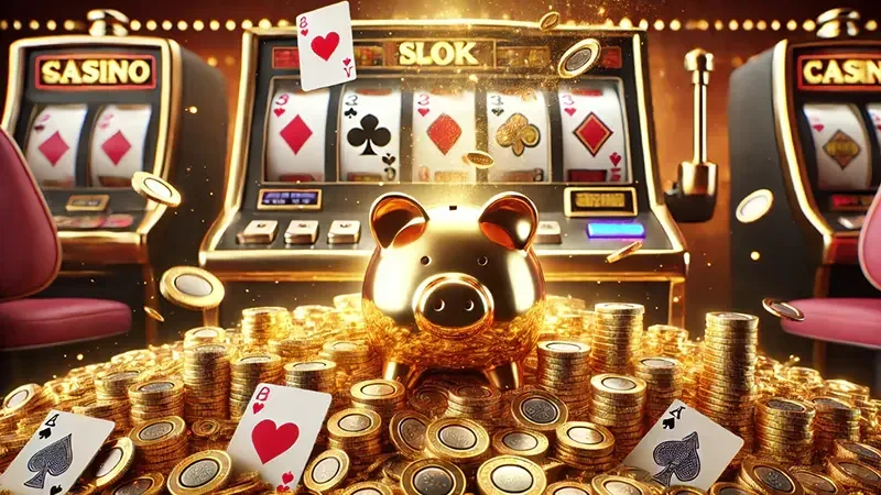 Layar video slot dengan simbol permainan dan latar tematik